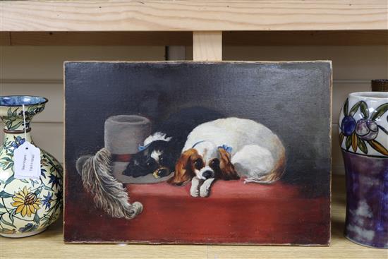 19th century after Edwin Landseer, oil on canvas, The Cavaliers Pets, oil on canvas 28 x 41cm unframed